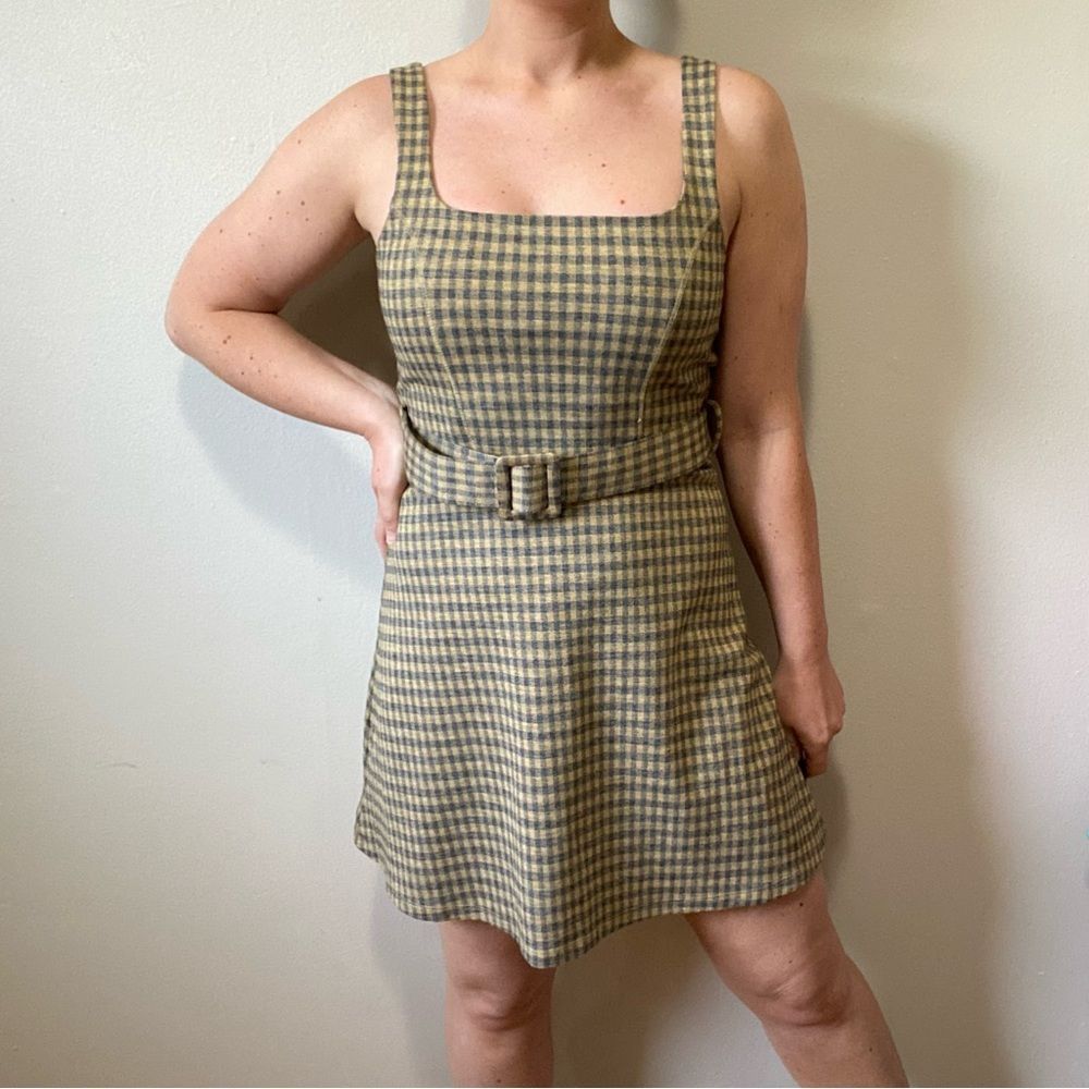 TopShop Plaid Mini Skater Dress with Belt Yellow and Black Size 4